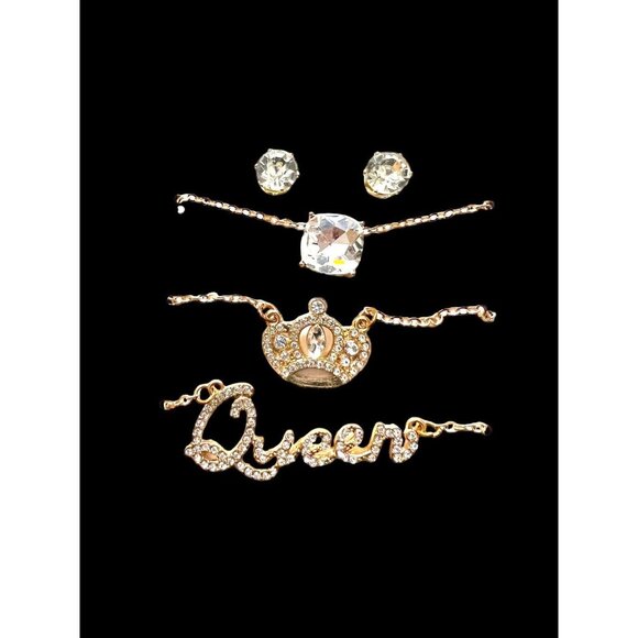 Blingy Set of Gold Chain Necklaces w QUEEN CROWN & Large Faux Diamond w Earrings - Picture 2 of 7